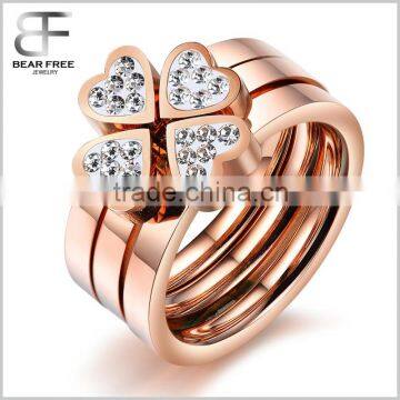 Women's Stainless Steel Love Heart Four-Leaf Lucky Clover Rhinestone Ring 3 in 1 Rose Gold