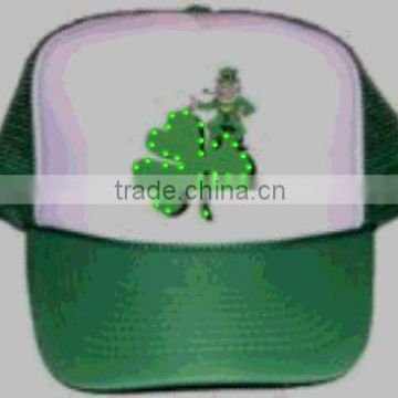 cheap&beautiful fiber optic blinking white/green embroidery baseball cap with built-in led