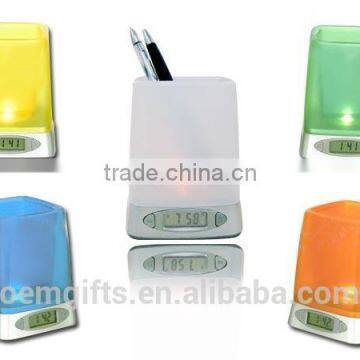 Plastic Colorful LED Night Light Digital Alarm Clock Fancy Desktop Pen Holder