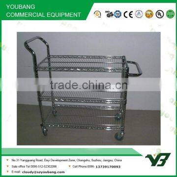 2015 hot sell NSF 36x18 inch 3 layer chrome double handle wire hand cart with wheels (YB-WS047)