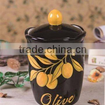 Wholesale Black Ceramic Food Container with Yellow Olive Handpaint