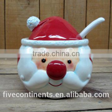 Hot selling ceramic emboss Christmas santa sugar pot with spoon