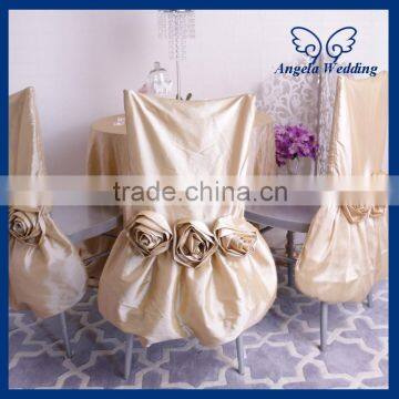 CH030H Ruched wedding champagne taffeta chair covers with rose