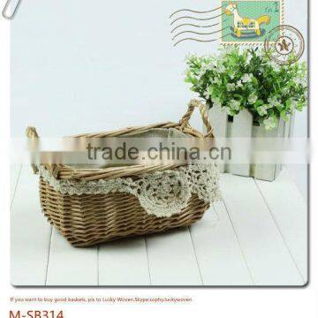 Exquisite wicker storage&vegetable basket with handle and cotton lace trim