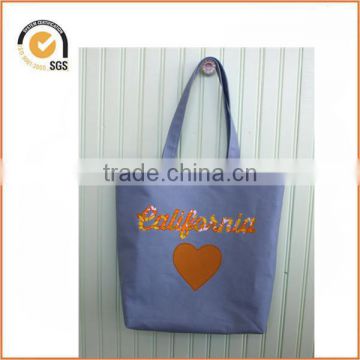 California and Heart Applique Tote Bag: Light Blue Canvas with 1960s Yellow Floral and Mustard Fabric By Chiqun Dongguan