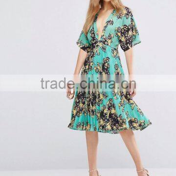 Pleated Kaftan Midi Dress In Turquoise Floral