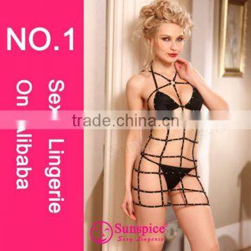 Europe best selling exotic lady cage riveted mini dress sexy black leather lingerie