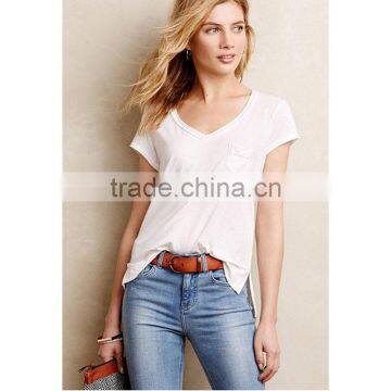 Women Knit White Cropped Tops V-neck Soft Cotton Blend Top Tee White T-shirts photo-3