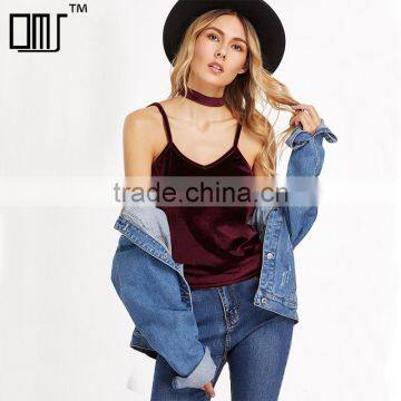 Velvet V-neck top with choker, ladies sexy tank top