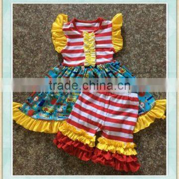 Back to School Boutique Outfit Flutter Sleeve and Bule Ruffle Short Pant Holiday Clothing Kids Sets photo-3