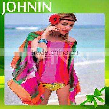 Women custom design feeling silk chiffon summer beach wear poncho