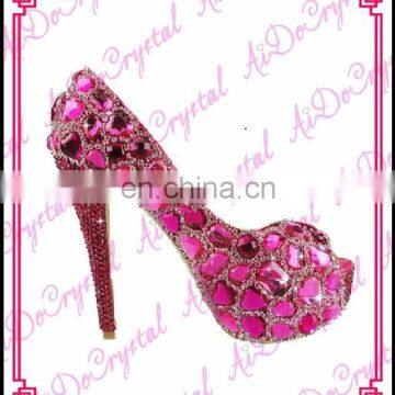 Aidocrystal Luxury big diamond rhinestone deep pink peep toe glitter wedding shose high heel