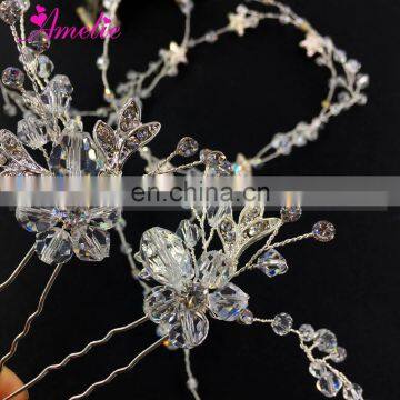 Ameliebridal Silver Plated Flowers Encrusted with Clear Rhinestones Couture Crystal Hair Vine Floral Ornamented Hairpin Wedding