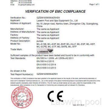 VERIFICATION OF EMC COMPLIANCE (for pool pump)