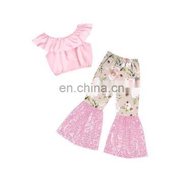 Pink sleeveless crop Top and brilliant flower pattern glaring sequin bell bottom 2pcs Girl suit