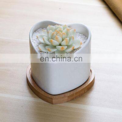 Wholesale Modern White Decorative Garden Flower Holder Heart Shape Ceramic Flower Pot With Bamboo Tray