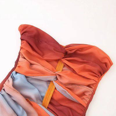 Strapless Hollowed Out Backless Color Blocked Long Dress, Sleeveless Wrapped Chest Print, Women's Split and Large Swing Vacation Beach Dress photo-4