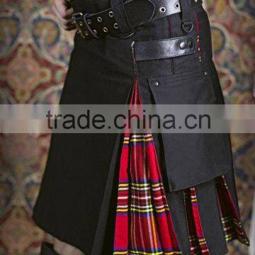 Black Deluxe Utility Leather Strap Two Tone Kilt With Two Side Cargo Pockets On Both Side Made Of Poly Cotton & Tartan Material