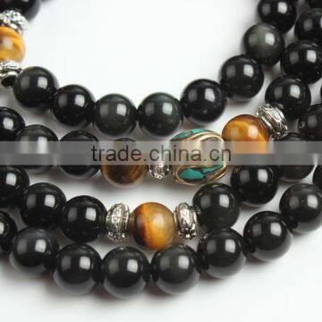 8mm Multilayer Yellow Tiger Eye and Black Obsidian Malas Prayer Beads Bracelet photo-2