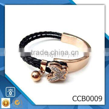 rhinestone butterfly charm various colors genuine leather bracelet stainless steel wholesale