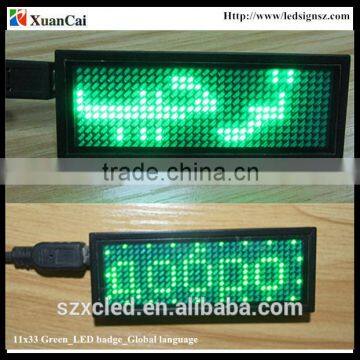 Green color Worldwide language 11X33G 5V USB + Rechargeable battery mini LED display/LED name card/LED tag /Led badge