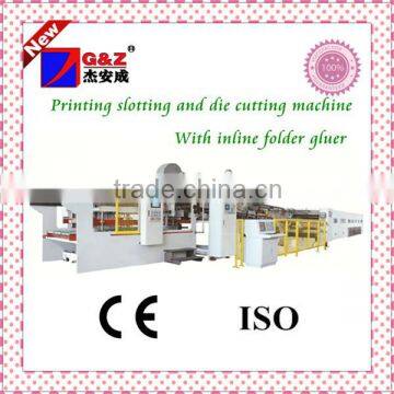 High speed top print printing slotting and die cutting machine with inline folder gluer