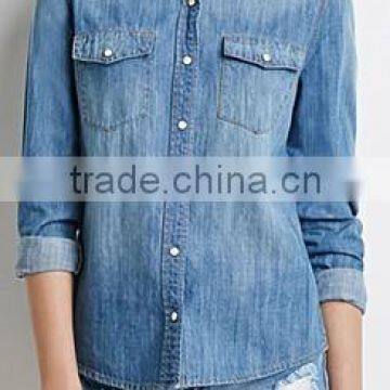 100% cotton washed blue color woman denim shirt made in china