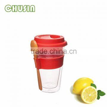 Fancy design reasonable price double wall borosilicate glass mug/coffee cup with silicone lid and sleeve wholesale