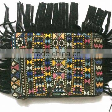 Latest vintage banjara clutch purse with leather fringes handmade multi color embroidery