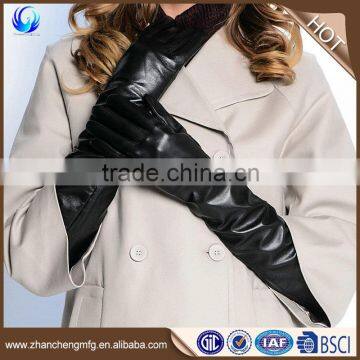 2016 custom ladies wool lined black sheepskin long leather gloves