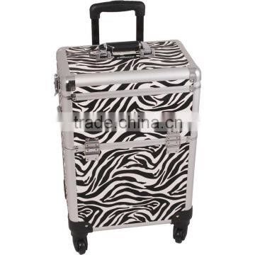 Zebra Pattern Professional Aluminum Rolling Cosmetic Case Makeup 4-Wheel Trolley photo-2