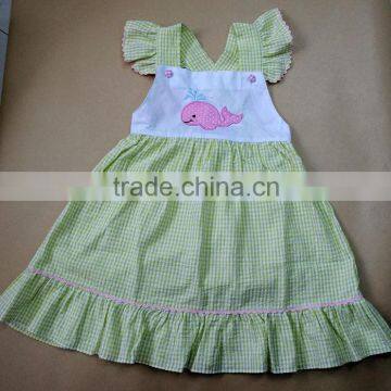Whale Design Applique Embroidery,green Seesucker Baby Girl Bubble Romper,creeper, Ruffles With Ric Rac photo-2