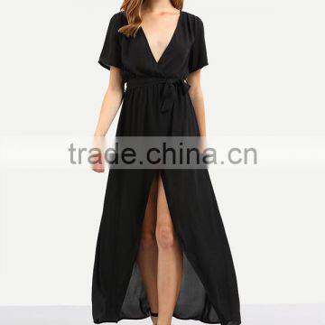 Woman Short Sleeve Black V Neck Tie Waist Chiffon Maxi Wrap Type Maxi Dress photo-2