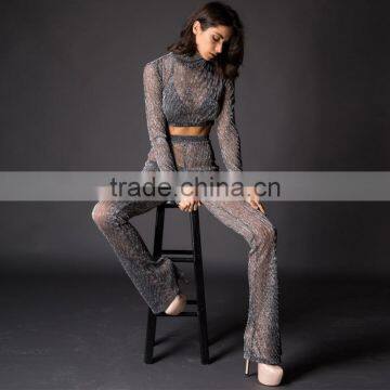 Runwaylover 084 Europe Style Ladies Two Piece Suits , Women Sexy Turtleneck Crop Top And Transparent Casual Pants photo-2
