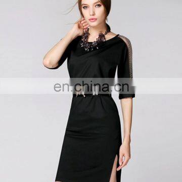 Classic deep boat neck with emboridery regular sleeves sexy newest dress