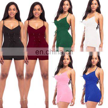 Sexy Women Spaghetti Strap Deep V Lace-up Jumpsuit Straps Bandage Rompers