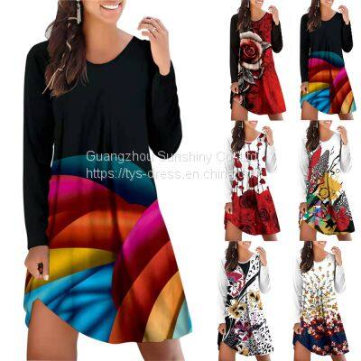 Multi color printed loose and versatile long-sleeved dress