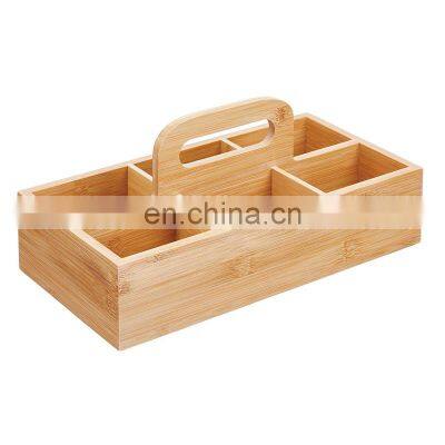 Bamboo Wood Compact Tea Storage Organizer Caddy Tote Bin - 6 Divided Sections, Attached Handle - Holder for Tea Bags, Coffee