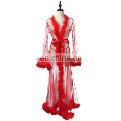 Handmade See Through Sexy Robe set Long Mature Sheer Elegant Mesh Sexy Plus Size Fur Robes Women