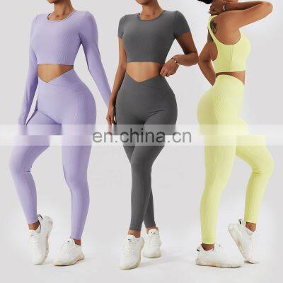 4 Pcs Ribbed Sports High Impact Sets Wholesale Fitness Tshirts Women Yoga Active Wear Leggings