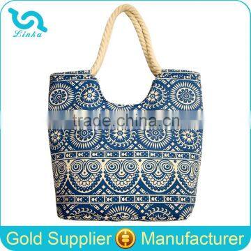 2015 Hot Ethnic Print Canvas Beach Bags Rope Handle