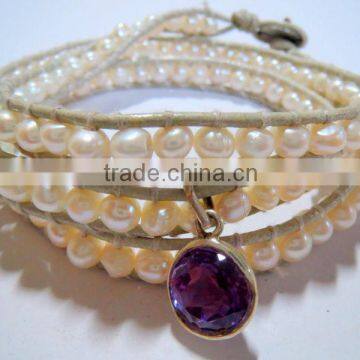 Freshwater potato Pearl Leather Wrap Bracelets with 925 silver Amethyst Charm