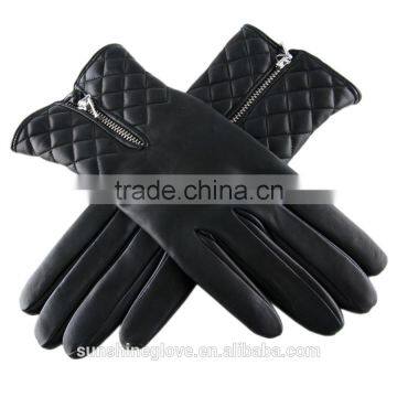 quilted cashmere lining leather zipper gloves
