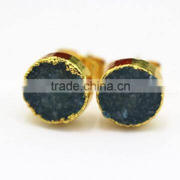 High Fashion 8mm Gold Plated Aqua Color Drusy Agate Metal Stud Earrings Jewelry Earrings 1Pair/Bag