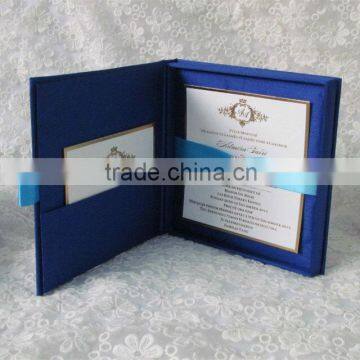 hot sale luxury blue silk hardcover wedding invitation cards