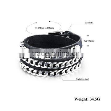 2016 New Cool Jewelry Three Wraps Black Genuine Chain Link Leather Bracelet for Men