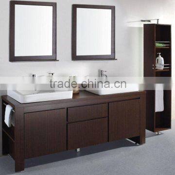 large floor-touched wooden bathroom vanity -double ceramic sink