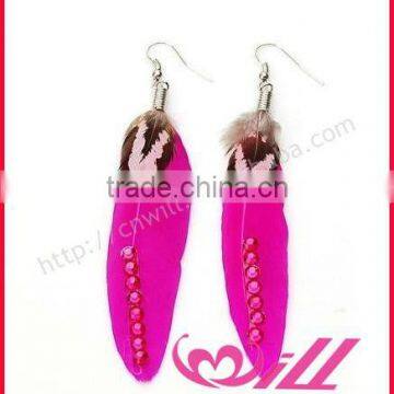 Beautiful Hot Pink Feather Earrings With Crystal