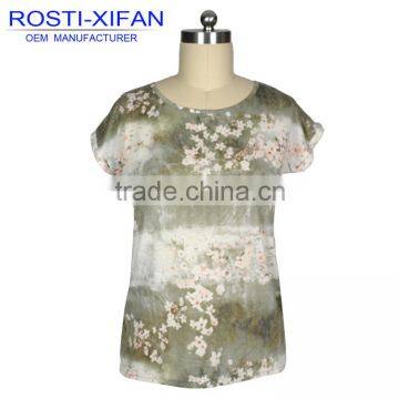 Lady's Custom Flowers Printing T-Shirt with Short Sleeve and Lace