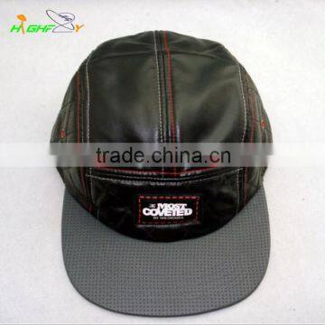 Premium leather quilted leather custom 5 panel camp cap hat with leather patch